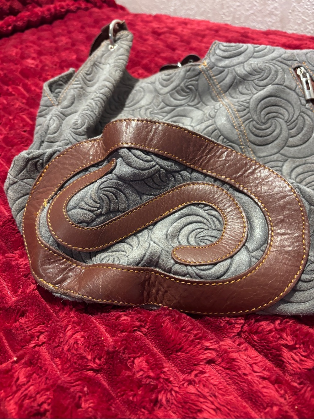 Italian Leather Bag Gray Embossed Shoulder Hobo Bag with Brown Leather Swirls - Picture 4 of 13